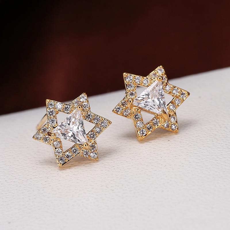 European Hexagram Copper Earrings with Rhinestones - Geometric, Elegant Women s Jewelry золотой