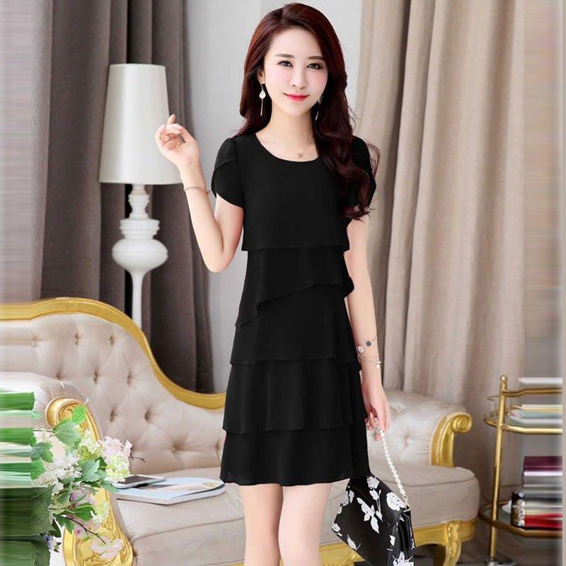 Rochie midi din șifon de damă, culoare uni, cu gât rotund, cu mâneci scurte, cu mai multe camere, rochii pentru tort