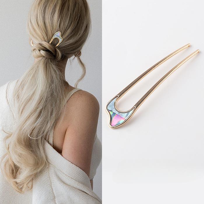 Metal U Shaped Hair Stick for Women Girls Silver Gold Color Vintage Elegant Shell Enamel Ponytail Hairpin Female Headwear Gifts