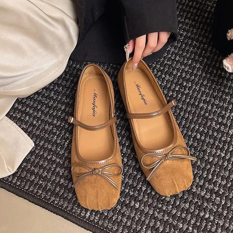 French Butterfly Knot Slip-On Mary Jane Ballet Flats Women's Spring New Flat Heel Shoes Simple Round Toe Rubber Outsole