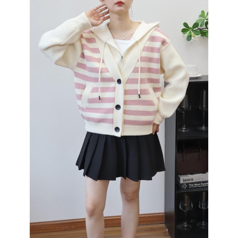 Fake Two-piece Hooded Striped Sweater Jacket Women's Autumn and Winter New Design Loose-knit Double-sided Woolen Cardigan