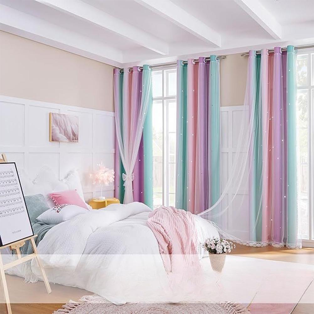 Starry Night Princess Curtains Blackout Sheer Rainbow Gradient Curtain For Girl Bedroom Double Layer Lace Trim 132X160cm W52 L63