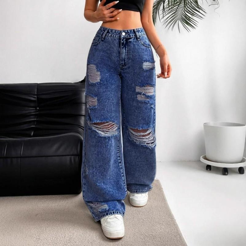 

Broken Jeans Washed High Waist Straight All-matching Slimming Women s XS темно-синього кольору