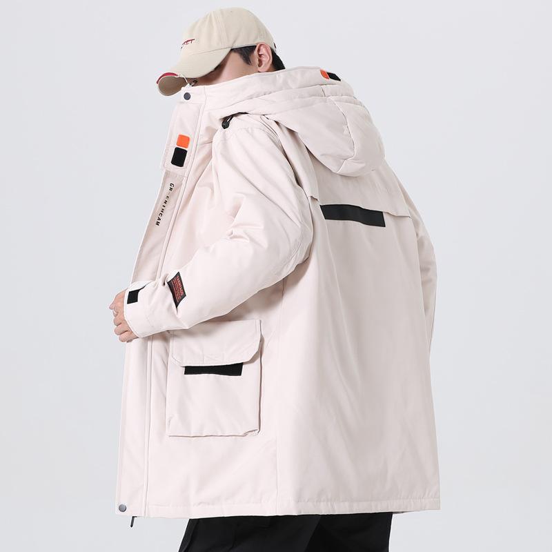 Cargo down jacket male mid-length solid color fashion couple white duck down hooded down jacket for men