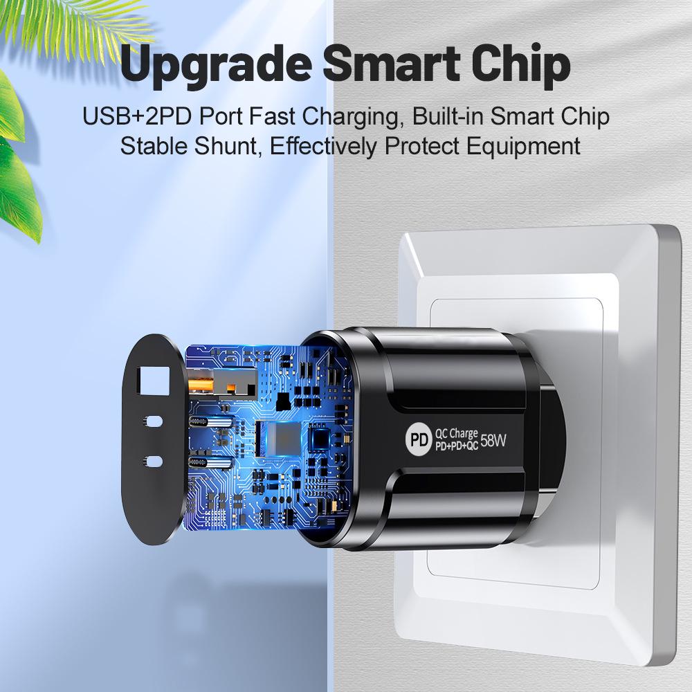 58W Multi-Plug Fast Charger with Dual USB & Type-C PD Ports