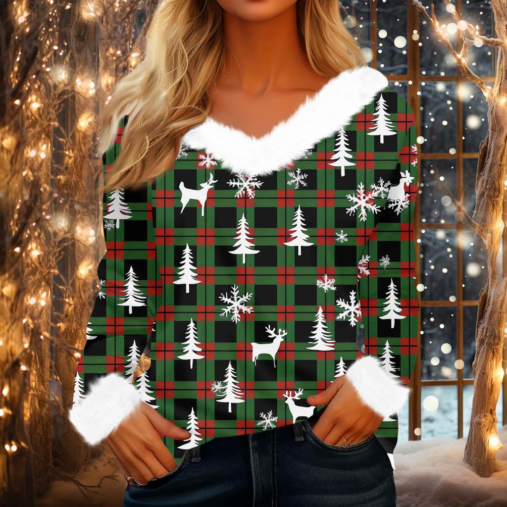 Damen Modisches Lässiges V-Ausschnitt Weihnachts-Print Langarm-Oberteil