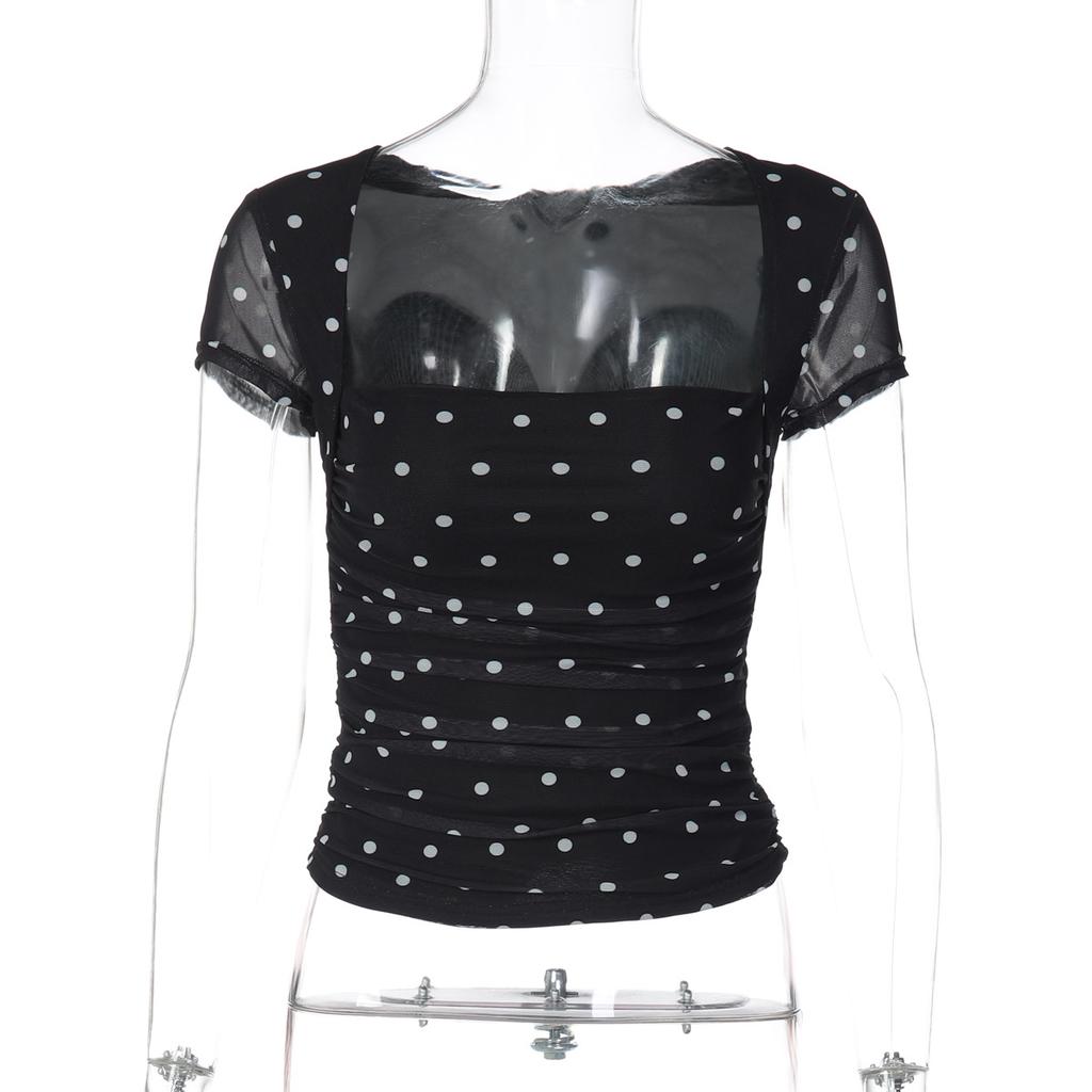 Summer European and American new retro Spice Girls wind polka dot printing tube top fashion splicing gauze short-sleeved top women