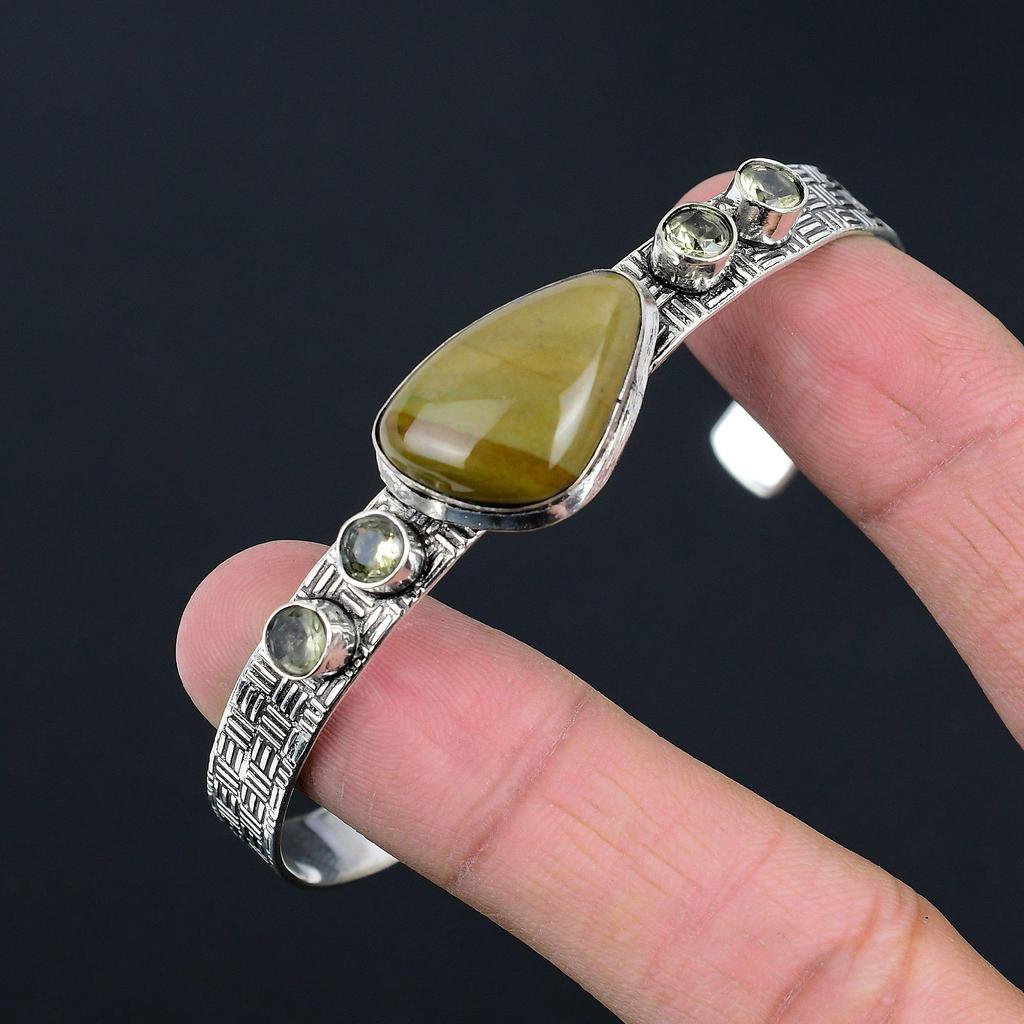 Pulseira Étnica de Jaspe Policromático Ametista Verde Prata de Lei 925