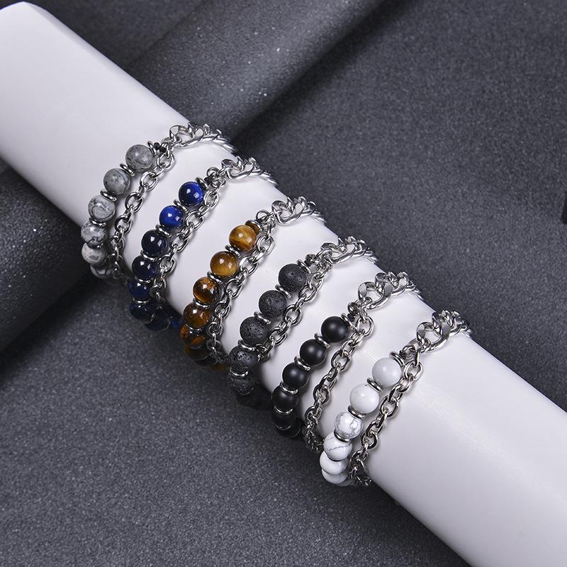 Meier Stainless Steel Men's Bracelet, Double-layer Tiger's Eye Stone Bracelet, Natural Stone Beaded Chain Bracelet