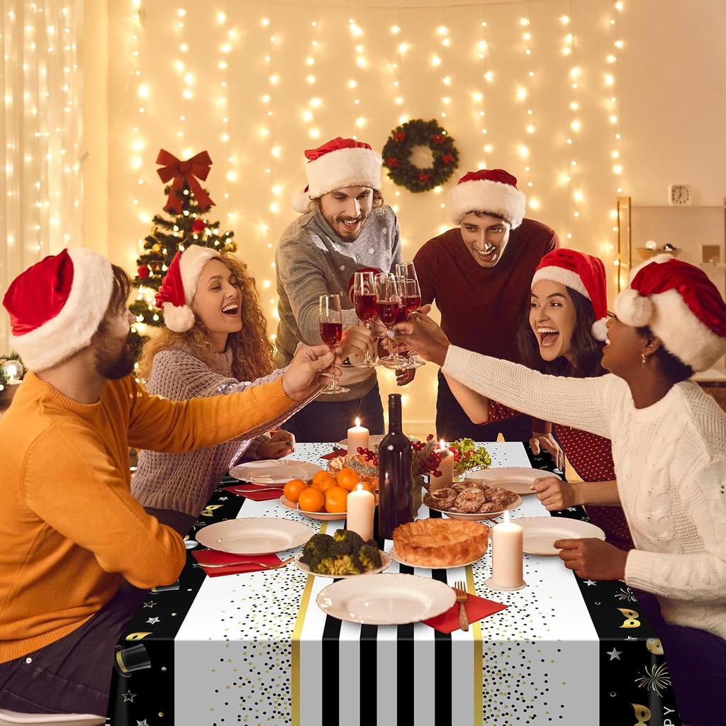 Hallswl 1 Pieces Happy New Year Tablecloths Black Gold Plastic Disposable Table Cloth Rectangle New Year Table Cover for 2026 New Years Eve Party