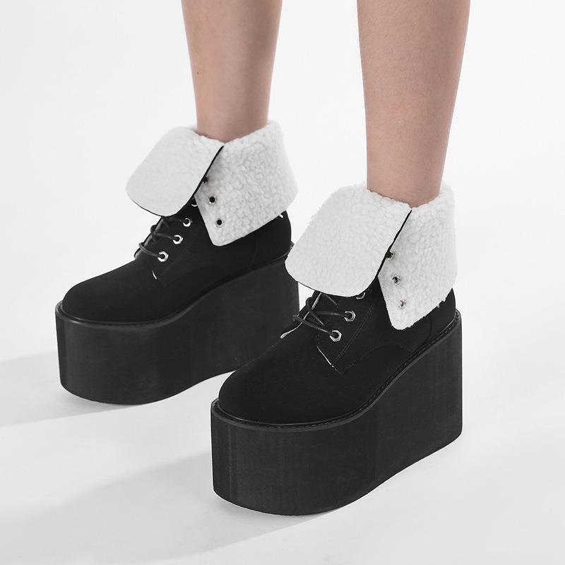Women Wedge Boots Plush Warm Winter Boots Suede Women Mid-calf Boots Lace Up Gothic Boot 11cm Height Increasing Platform Booties