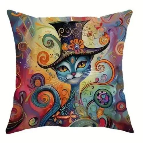 Bohemian Cat Print Pillow Cover Colorful Floral Cat Cushion Case For Sofa Bedroom Living Room, Artistic Cat Home Decor