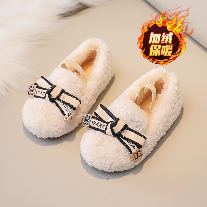 Children's Woolly Shoes Female Autumn and Winter Network Red Cute Cotton Shoes Girls' Beanie Shoes with Velvet Warm Baby Wear