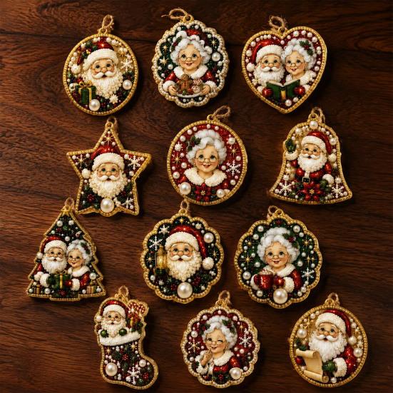 Festive Home Decoration 12PCS Christmas Tree 2D Flat Pendant, Pearl Acrylic Art Kits, Bright Seasonal Wall Hanging Color Classic Patterns Ornament for