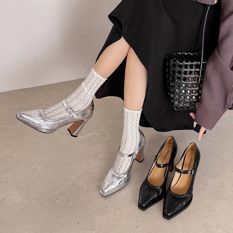 Krazing Pot Suede Sheepskin Square Toe High Heels Summer Solid Color Shoes Big Size 41 Buckle Women Modern Pumps