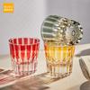 European Style Gift Box: Colorful Plaid Whiskey, Beer, Liquor, and Water Glass Set with Hand-Engraved Floral Designs.