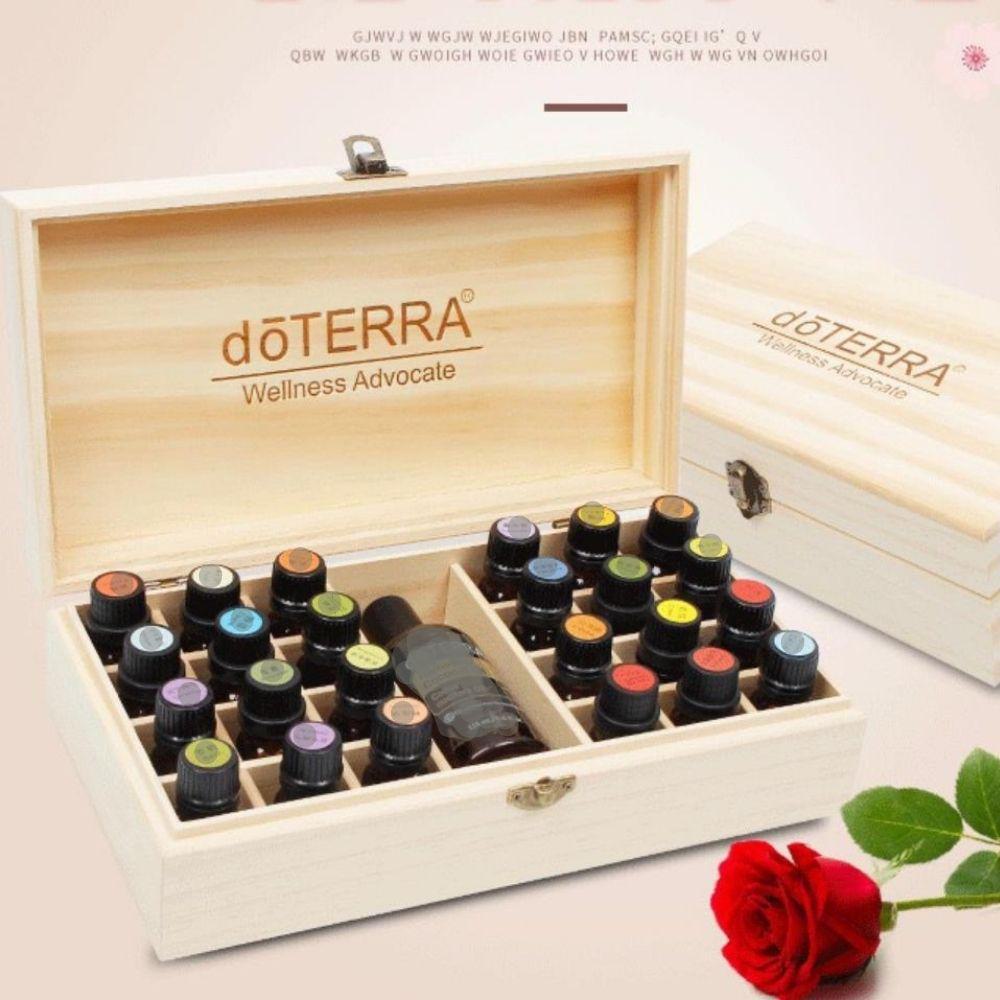 

Подставка для демонстрации эфирных масел doTERRA на 25 ячеек - небольшая деревянная коробка с 24+1 ячейками 24+1 grid with logo