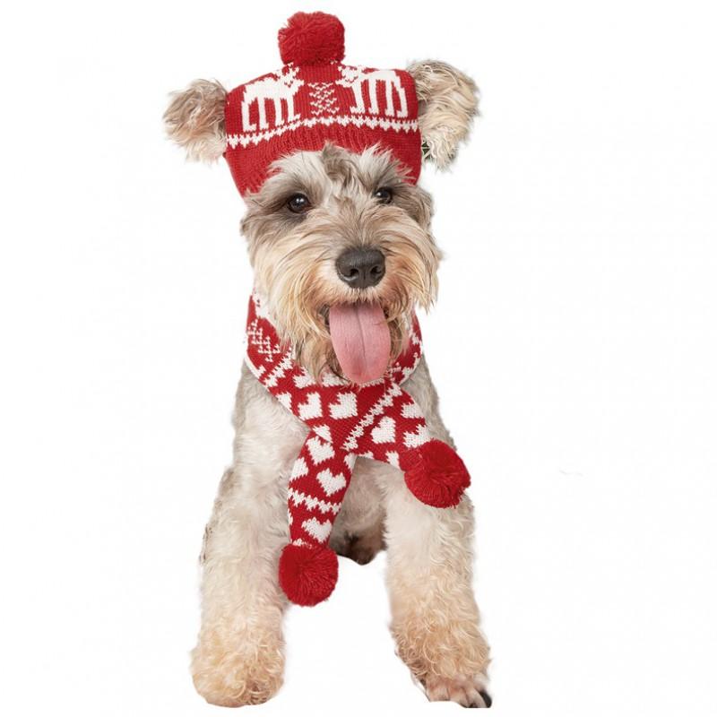 Knitted Pet Scarf Hat Set Cats Dogs Christmas Winter Accessory Adjustable Collar Bib