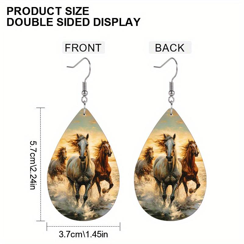 Ohrringe im Western-Cowboy-Stil mit Pferde-Sonnenblumen-Print aus PU für Frauen und Mädchen, Vintage Ohrhänger im westlichen Pastoralstil