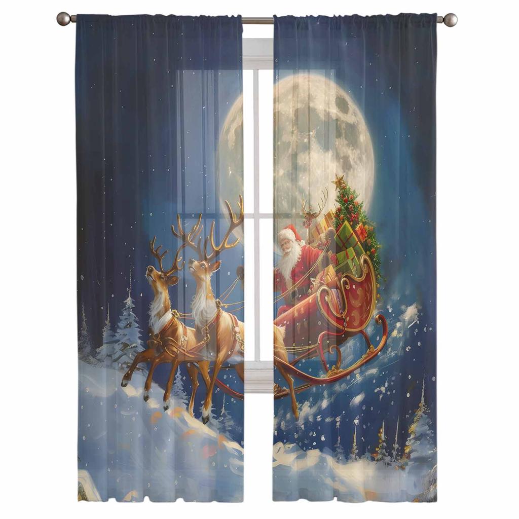 Weihnachten Weihnachtsmann Elch Geschenk Mond Vorhänge für Wohnzimmer Schlafzimmer Heimdekoration Fenster Voile Tüll Vorhang Drapierungen