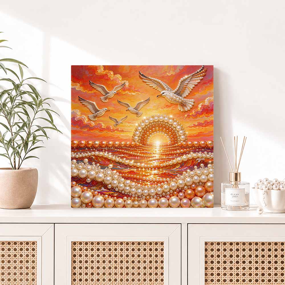 Pearl Painting Seagulls Flying Over Ocean Sunset 5D DIY Decorative Painting. Elegant Birthday Gift. Handmade Craft Art Painting
