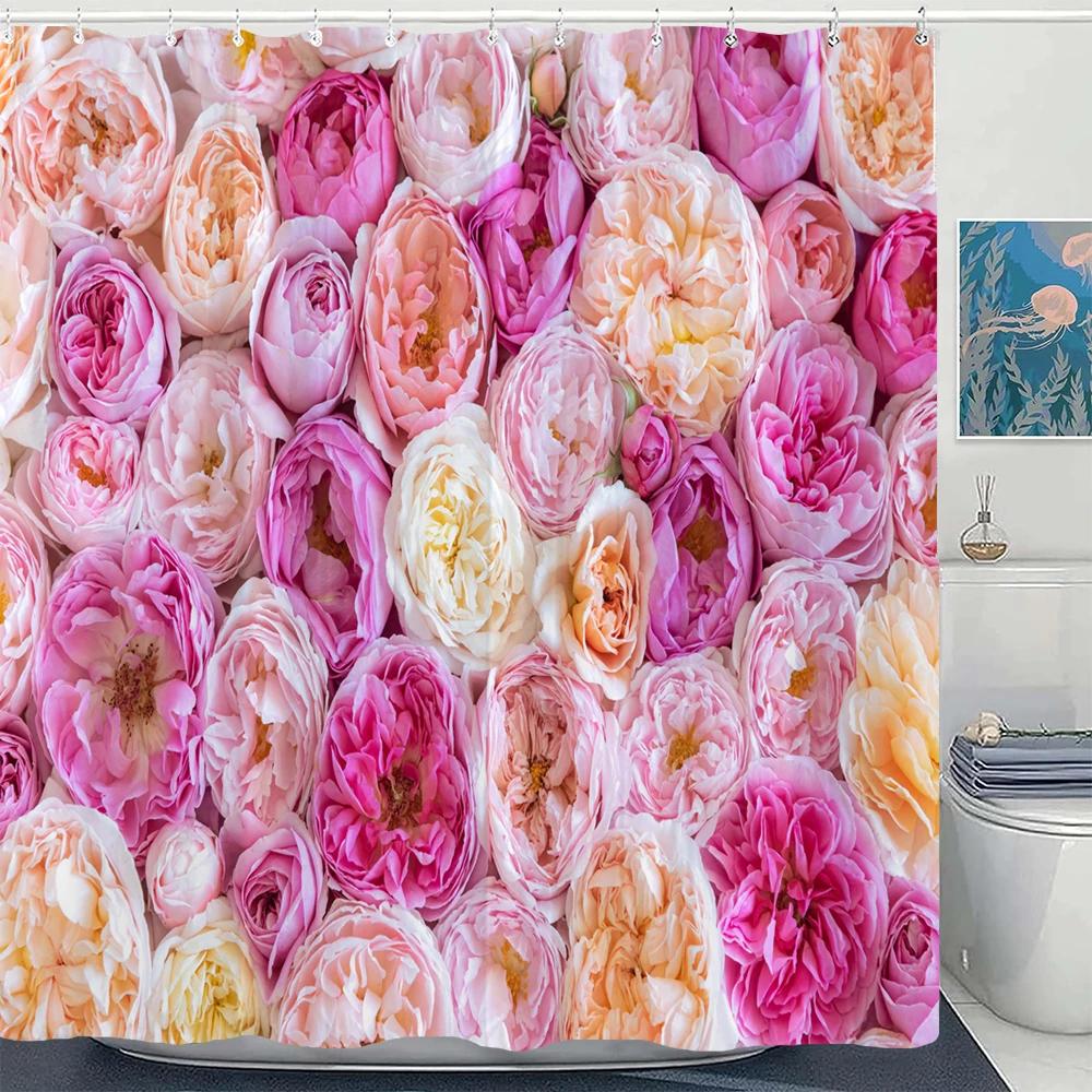 1Pcs Pink flower printing waterproof shower curtain,  Rose flowers wall bathroom decorative curtain with plastic hooks
