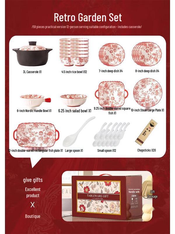 Mode Lanka Retro Garden Wedding Ceramic Dinnerware Set, 59-Piece