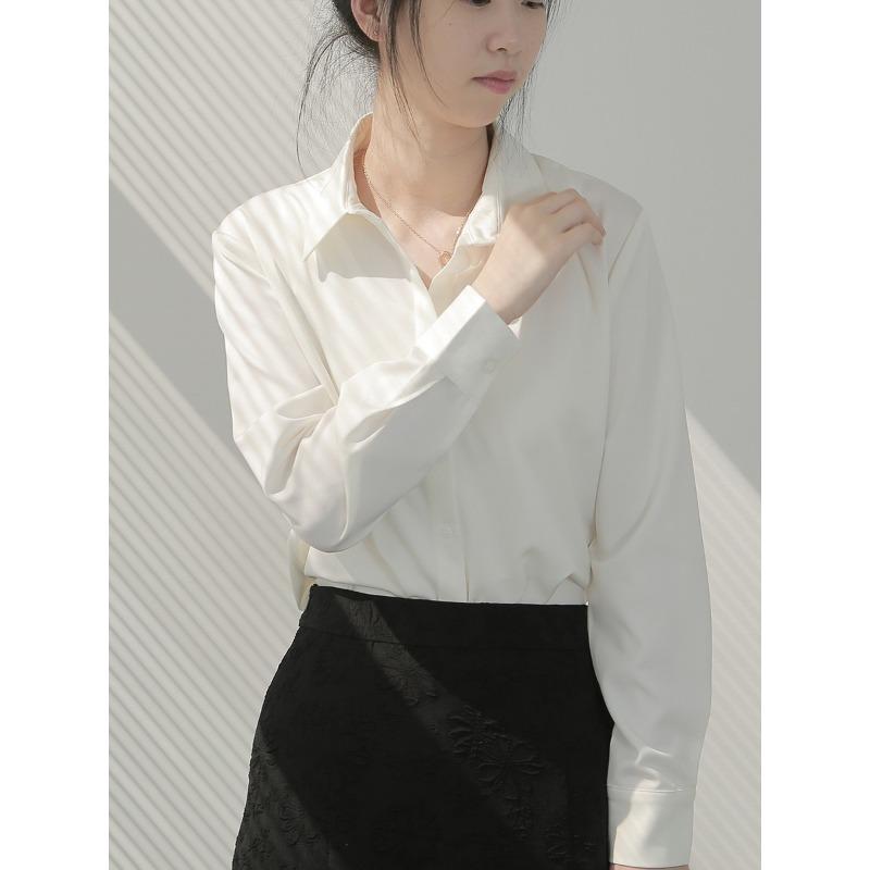 Koszula satynowa wysokiej jakości, biała, damska, z długim rękawem, wiosenna, luźna, do pracy, casualowa