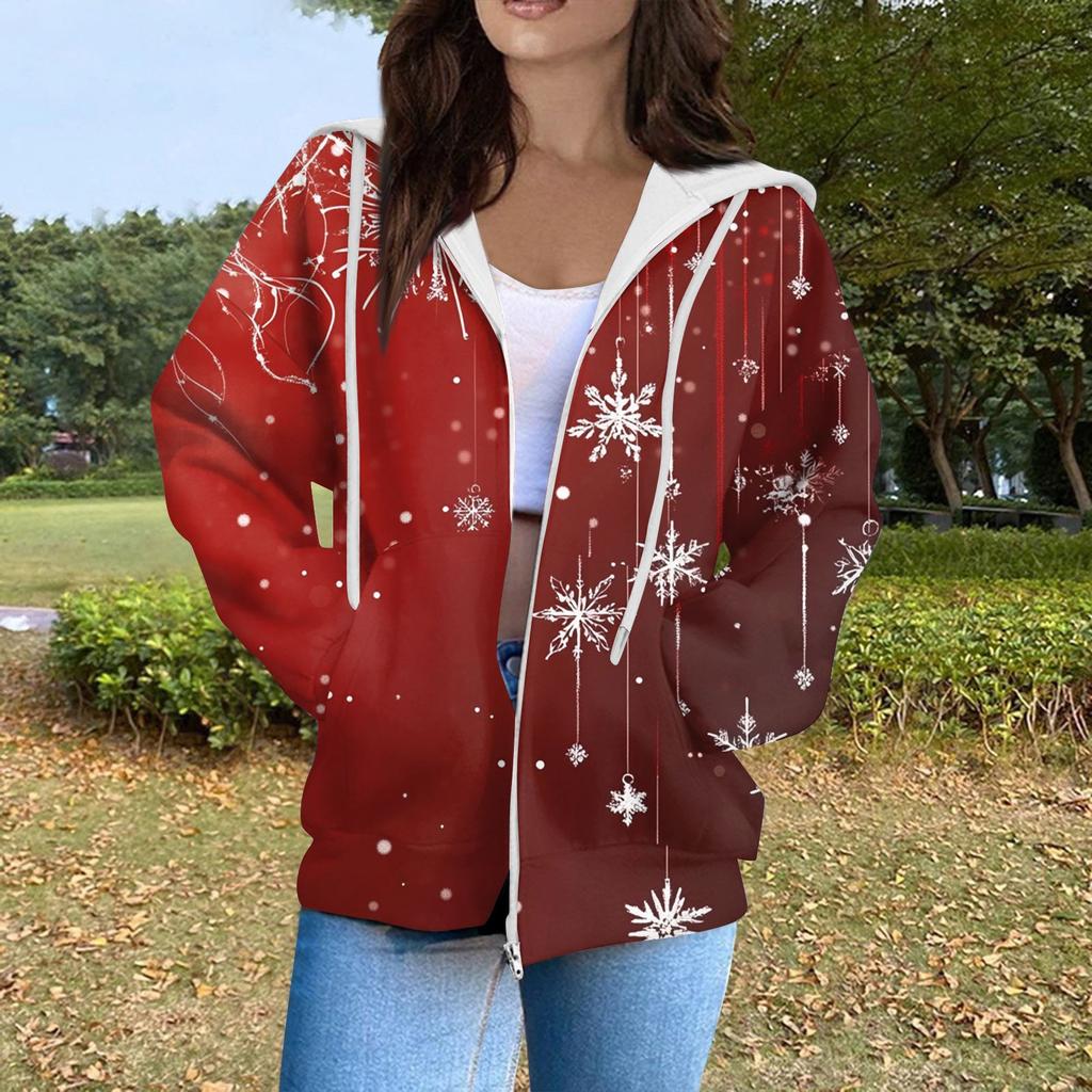 Women's Fashion Casual Christmas Print Long Sleeve Sweatshirt Pocket Jacket Zipper Hoodie Coat