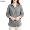 ZANZEA Womens 3/4 Sleeve Plaid Shirt Casual Button Down Lapel Neck Blouse