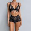 Women’s Sexy Black Lace Lingerie Set, Strappy Push-Up Bra with High-Waist Open-Crotch Panty, 2-Piece Intimate Wear