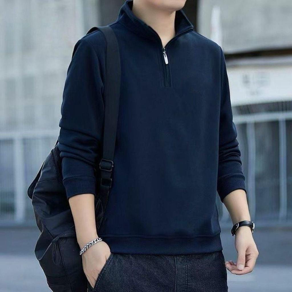 Men's Long Sleeve Stand Collar Hoodie with Half Zip, Plus Velvet Thick Casual Pullover for Autumn and Winter