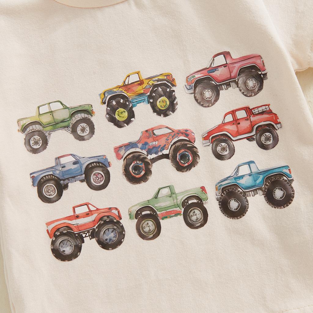 Toddler Boys Summer Outfits Retro Truck Print Round Neck Short Sleeve T-Shirts Elastic Waist Shorts 2Pcs Clothes Set