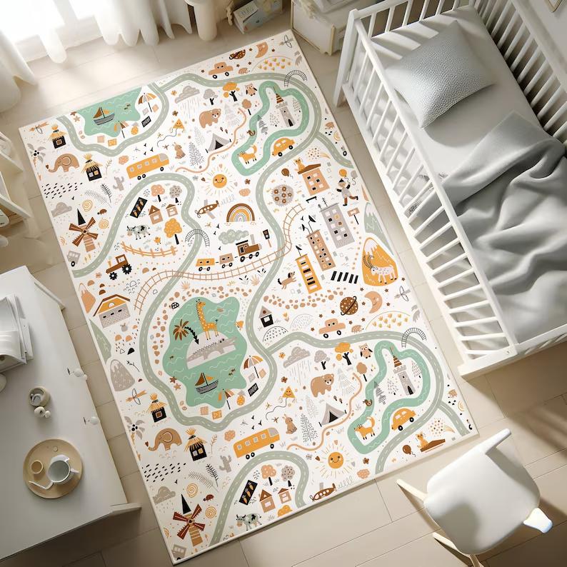 Town Map Design Carpet Children's City Road Play Rug Urban Explorer Theme Kids Room Accent Rug Water-absorbing and Non-slip Mat