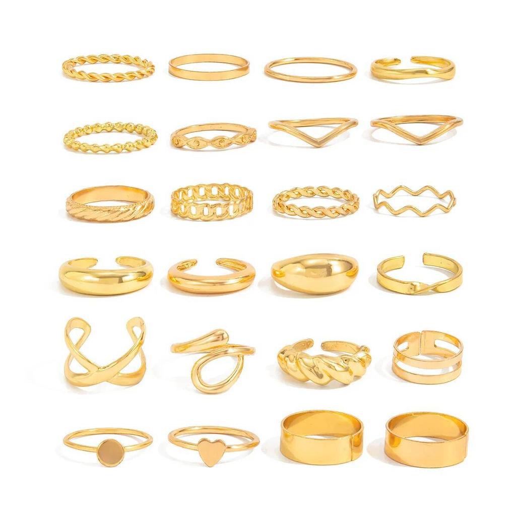 Salircon 24 Pièces/Ensemble Anneaux Métalliques Lisses Couleur Or Vintage pour Femmes Hip Hop Géométriques Anneaux Réglables Doigt Bijoux Quotidien Cadeau