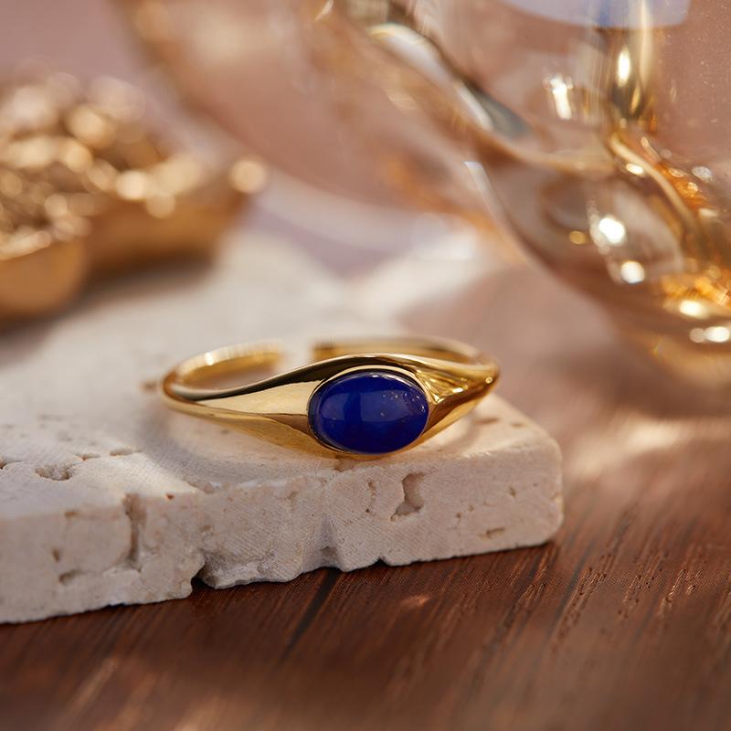Xiaohongshu Minimalist Personalized Design S925 Sterling Silver Inlaid With Natural Agate Blue Gold Treasure Ring For Women
