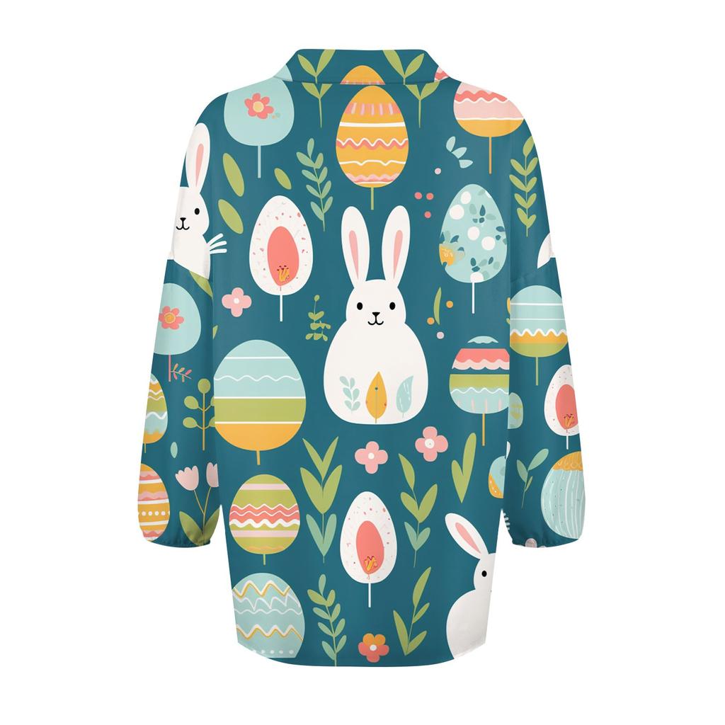 Women's Shirt Button Casual Easter Print Fashion Round Neck Drop Shoulder Seven Sleeve Shirt Top