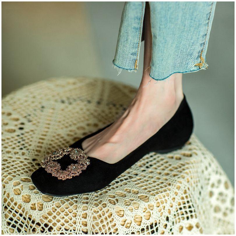 Mode Ballerinas Damenschuhe Frühling Herbst 2025 Neu Lässig Schwarz Französische Eckige Zehenpartie Ballerinas Strass Slipper Damenschuh Übergröße 34-43