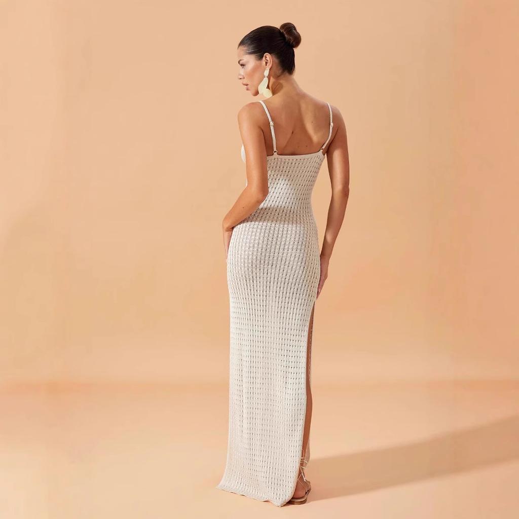 2026 summer new beach dress women's solid color suspender knee vacation bikini swimsuit with dress