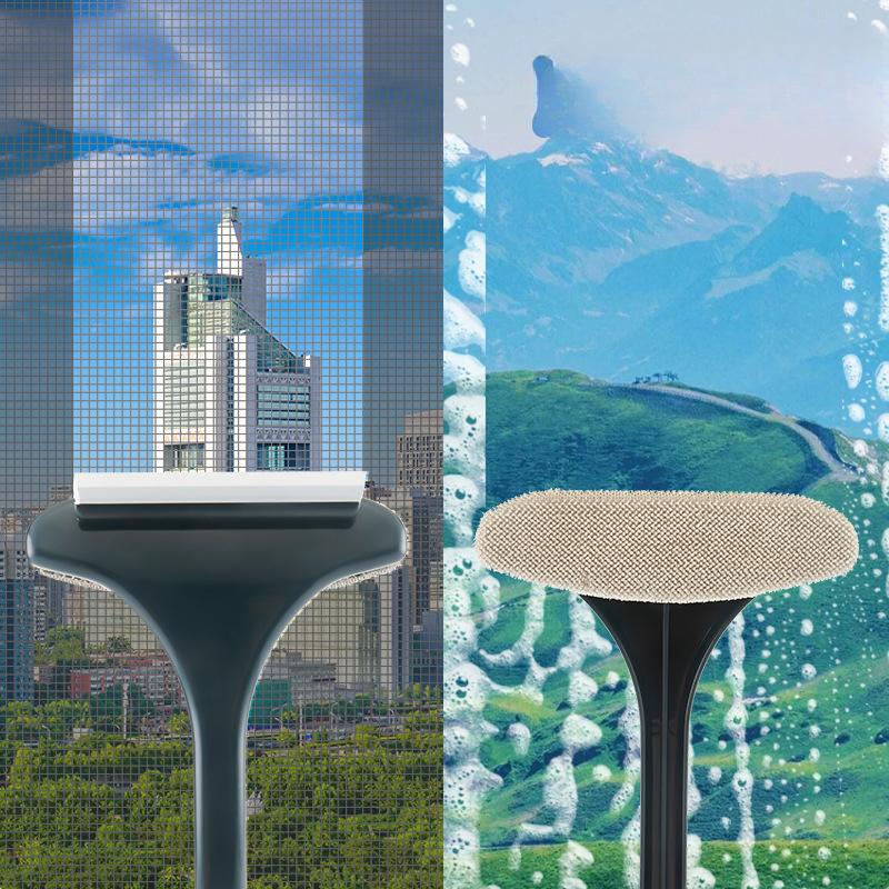 Oboustranný kartáč na okenní síťku s stěrkou a síťkou pro efektivní čištění skla