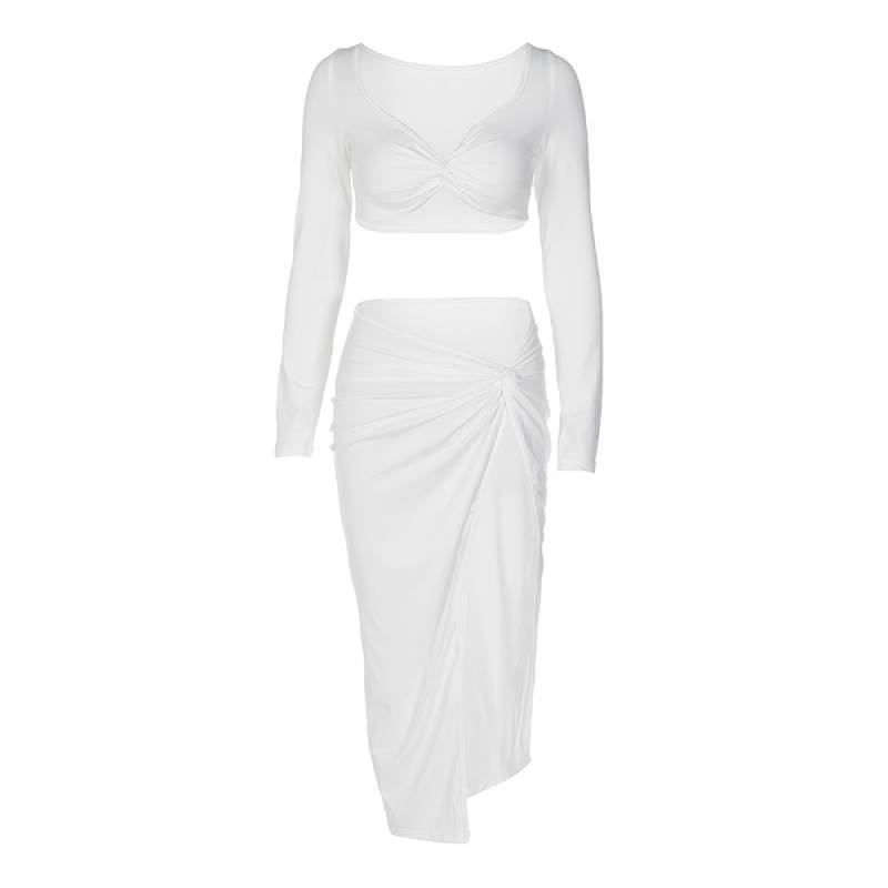 Streetwear Womens Long Sleeve V Neck Dress Set With Slit And Splicing For Casual Style