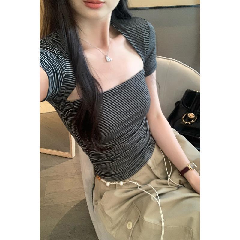In Stock: Hot Girl Sexy Striped Wide Neck Ruched Cropped T-shirt, Summer 2026 New Arrival