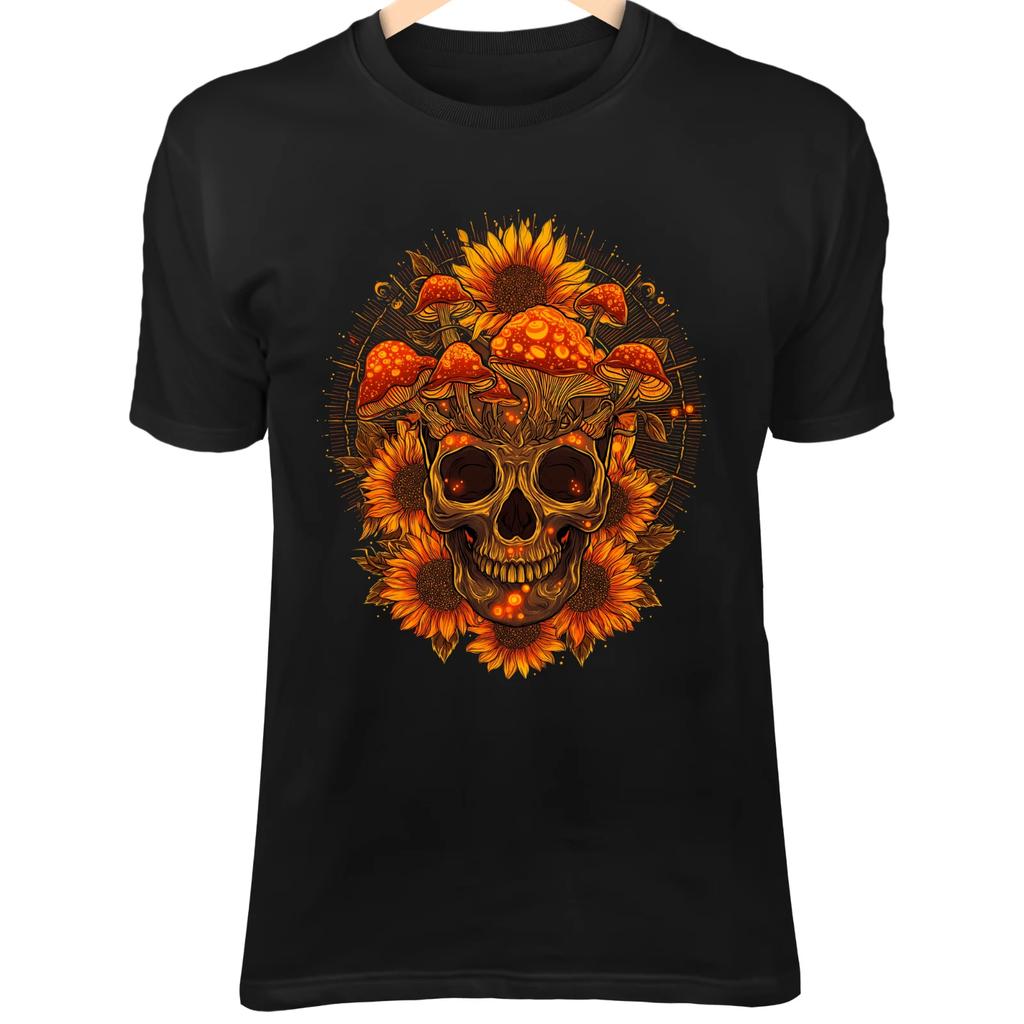 Radiant Summer Gothic Skull - Glowing Mushrooms In Sunset Hues Art