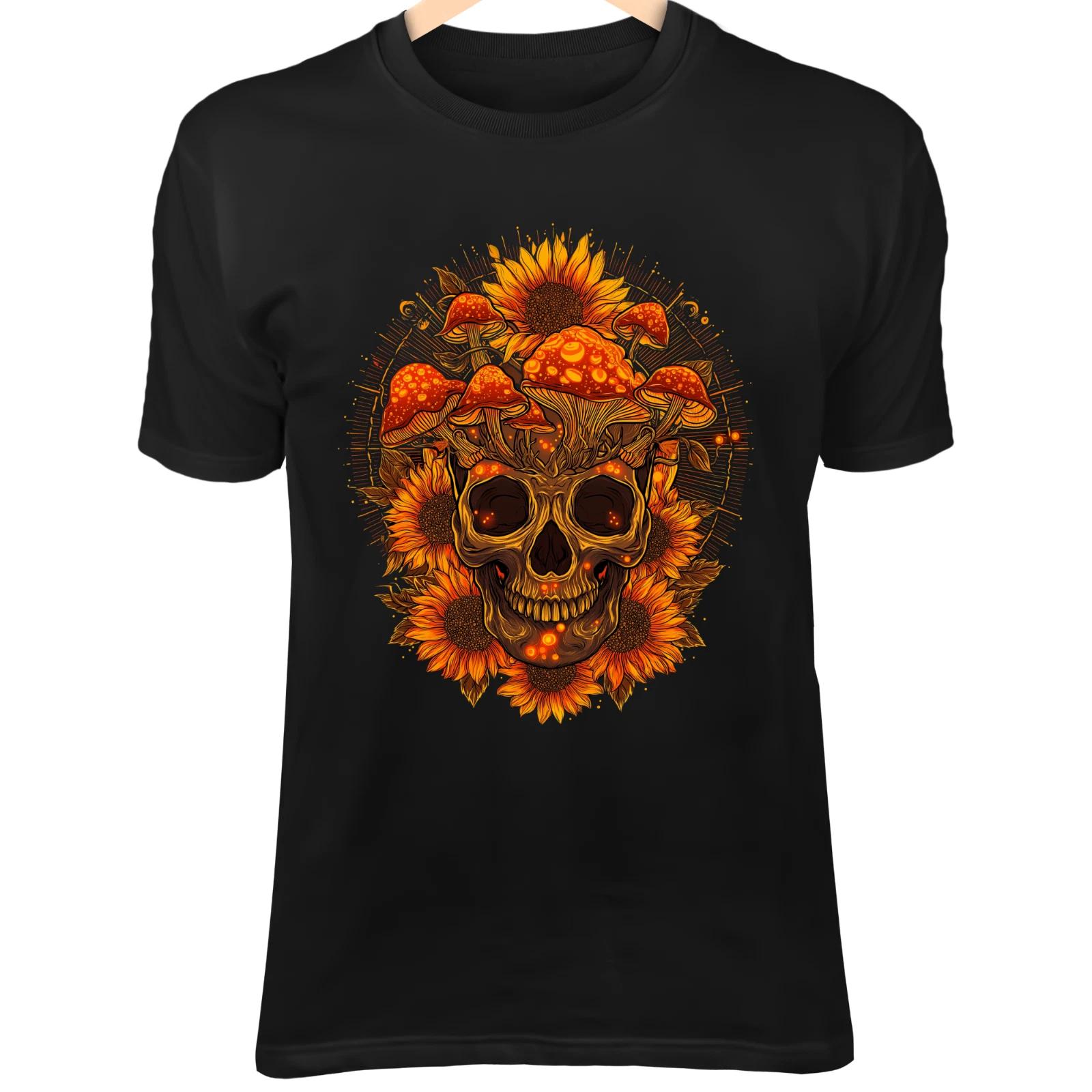Radiant Summer Gothic Skull - Glowing Mushrooms in Sunset Hues Art M