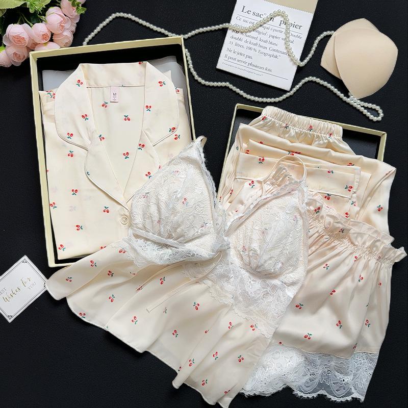 Elegant Women's Ice Silk Pajama Set: Camisole, Long Sleeve, Long Pants - Four-Piece for Spring, Summer, and Autumn