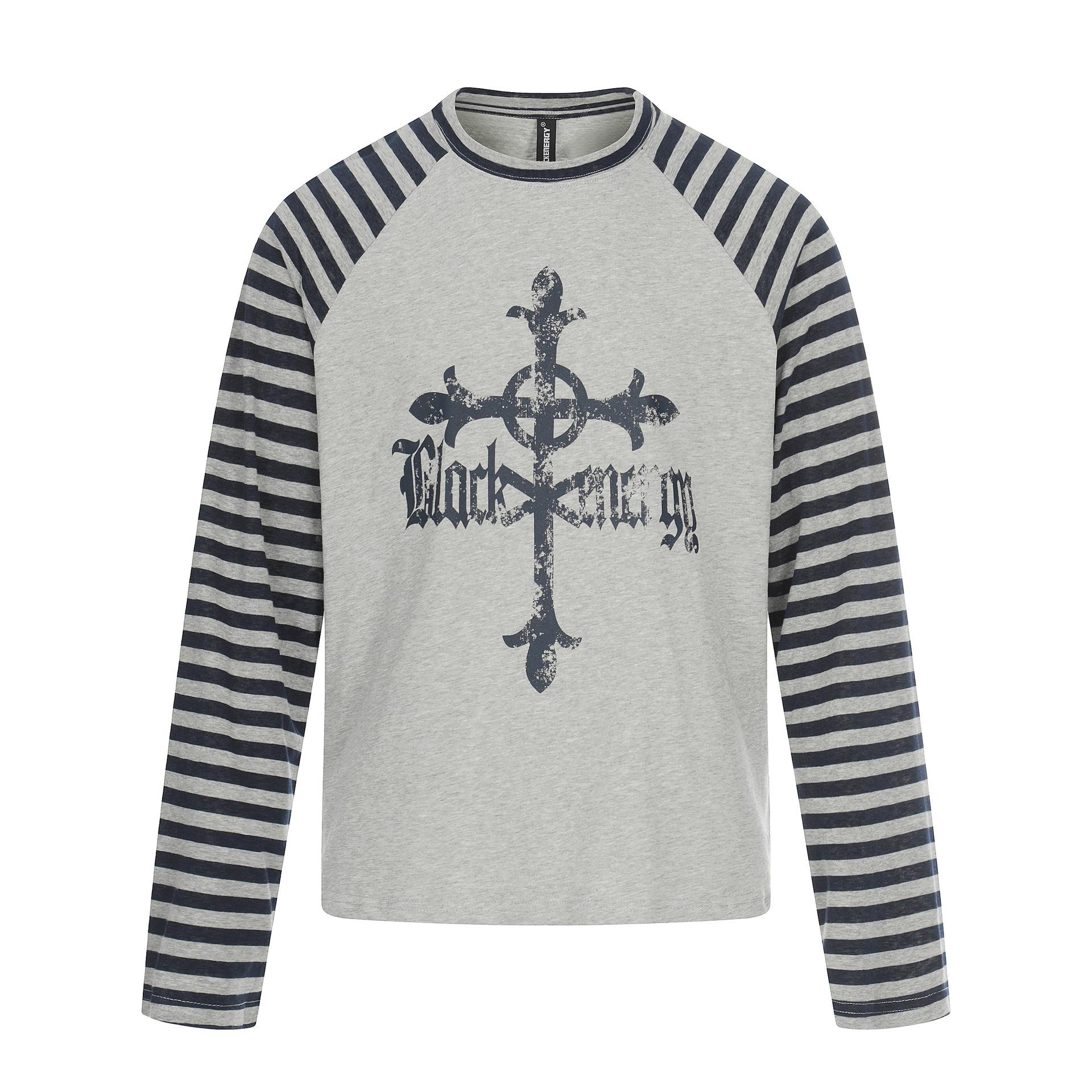 Spring/Summer striped T-shirt, Korean style niche color-block T-shirt, long-sleeve raglan sleeve base shirt S