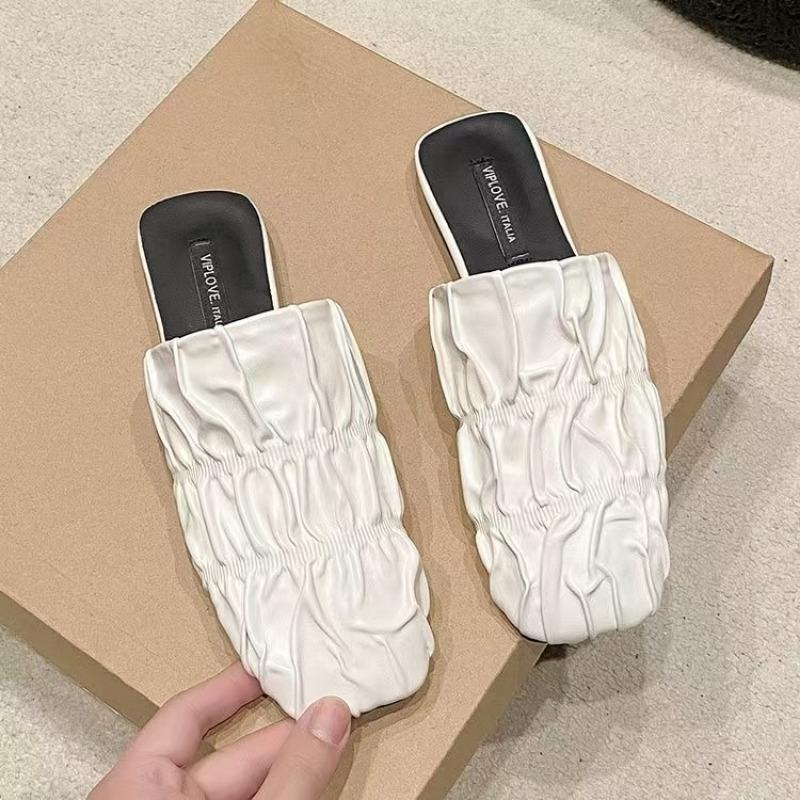 Fashion Spring New Baotou Flat Sandals for Women Fashion Square Head Deep Mouth Fold Soft Sole Anti-slip Wear-resistant Slippers