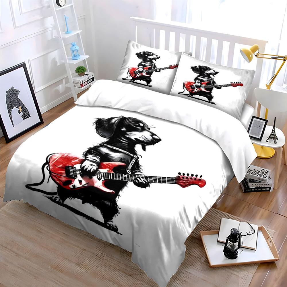 3Pcs Dog With Red Electric Guitar Duvet Cover Set With 3D Printing Design Soft Polyester Bedding Set All-Season Comfort