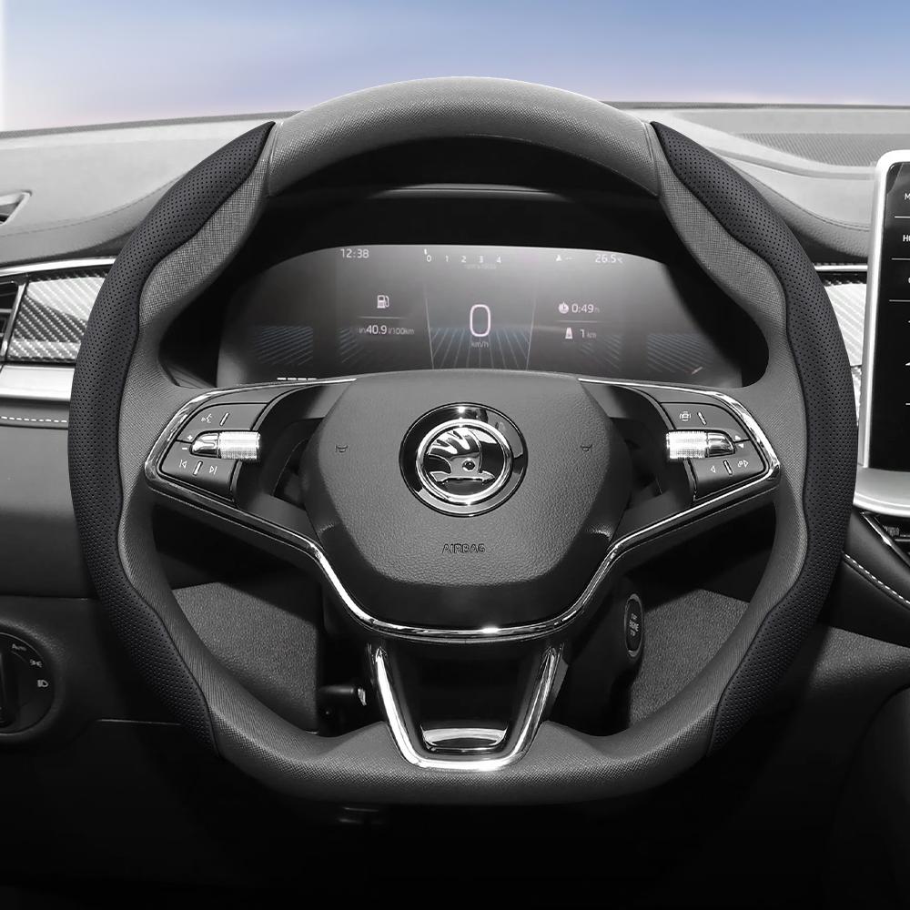 WFM1  Suitable for Skoda Breathable Leather Steering Wheel Cover with Segmented Quick-Release Design, Non-Slip and Durable, Octavia Rapid Kodiaq 