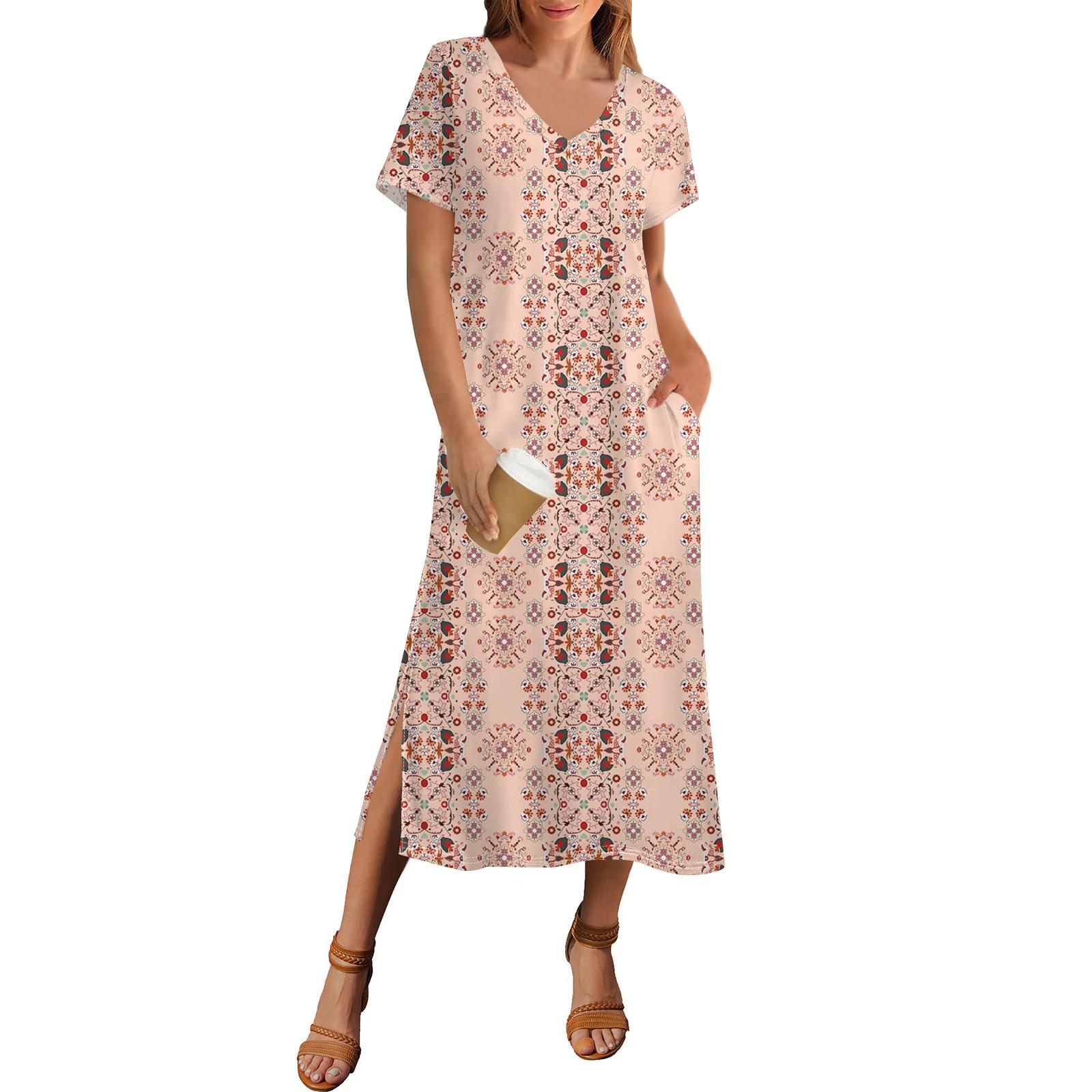 

Women s Summer Vintage Patchwork Print Dress Short Sleeve Beach Dress With Pocket Casual V-neck Hem Side Slit Dress S хакі
